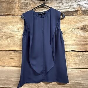 St. John sleeveless silk georgette double ruffle shell top, navy, P